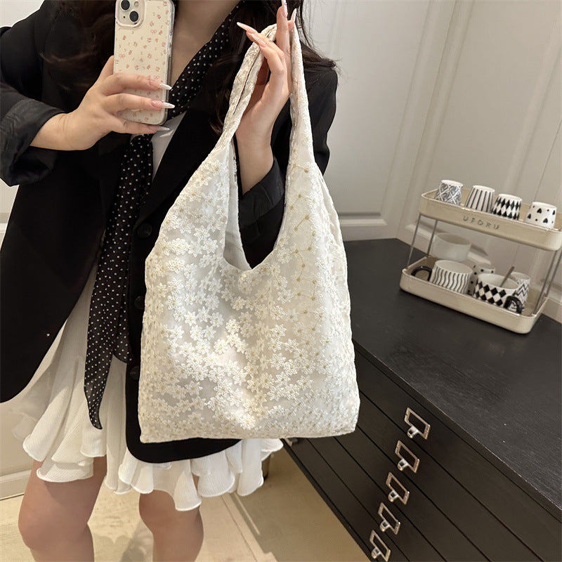 Elegant Floral Embroidered Grocery Tote Bag Bowlift