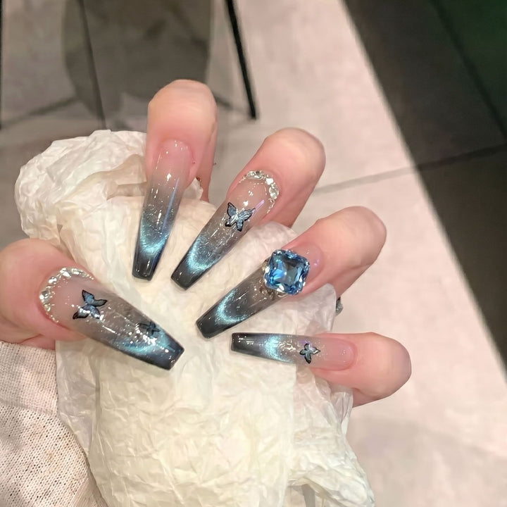 Artistic Ombre Press-On Nail Art Set with Butterfly and Gemstone Accents Bowlift