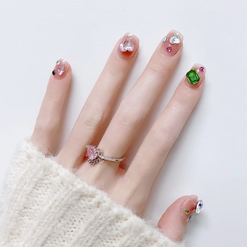 Acrylic nail set with sparkling 3D applications and beautiful heart designs Bowlift