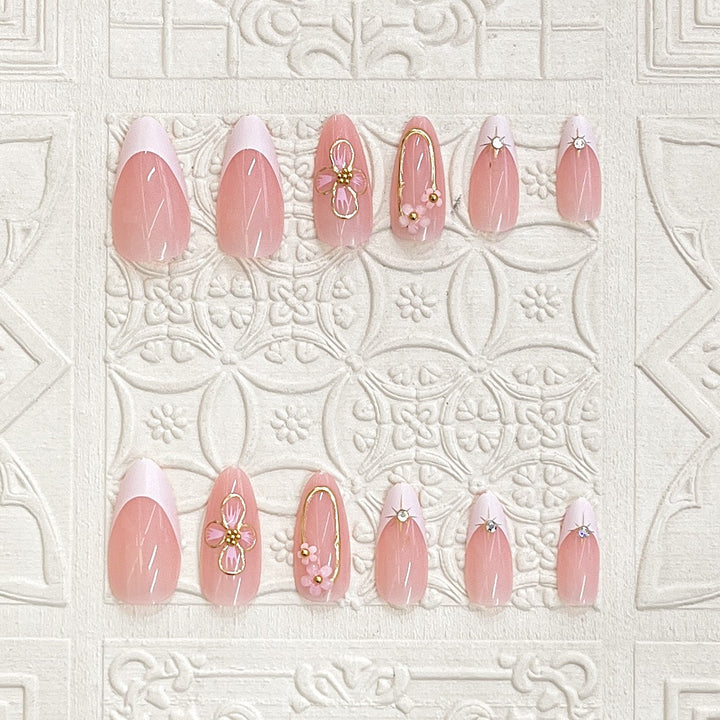 Elegant Press-On Nail Art Set with Floral Accents Bowlift