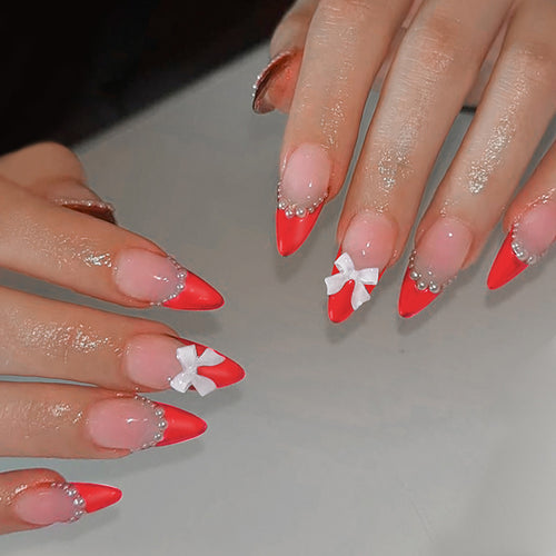 Elegant Press-On Nail Set with Pearl and Bow Accents Bowlift