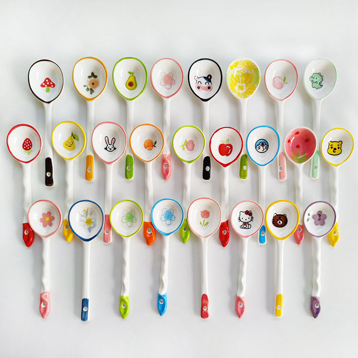 Ceramic soup spoon with lucky cat illustration and ergonomic long-handle Bowlift