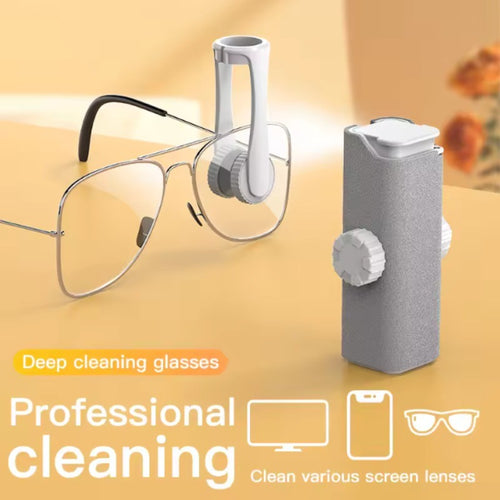 Precision eyewear and screen cleaning kit with superfiber cloth refillable spray nozzle and tactile fidget knobs Bowlift