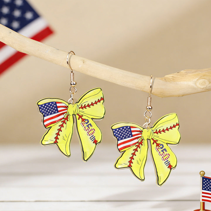Women's nan patriotic bow dangle acrylic earrings with gold plated hooks and lightweight charm Bowlift