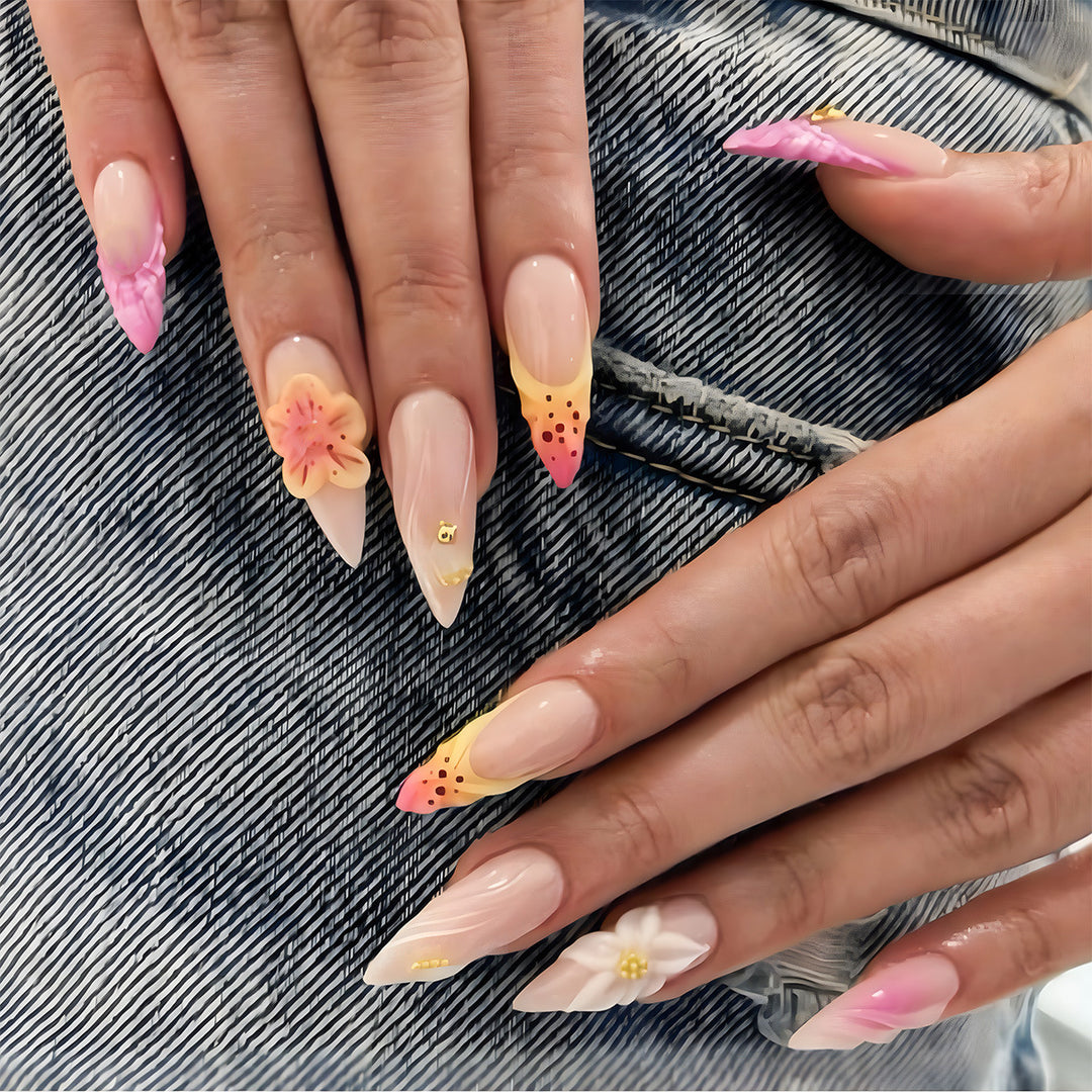 Floral Accented Stiletto Press-On Nails Bowlift