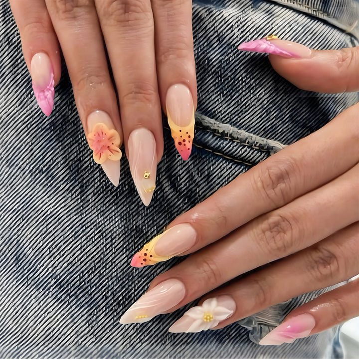 Floral Accented Stiletto Press-On Nails Bowlift