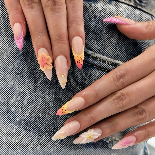 Floral Accented Stiletto Press-On Nails Bowlift