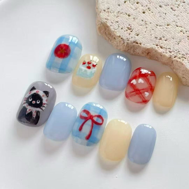 Artistic Cat-Themed Press-On Nail Art Set Bowlift