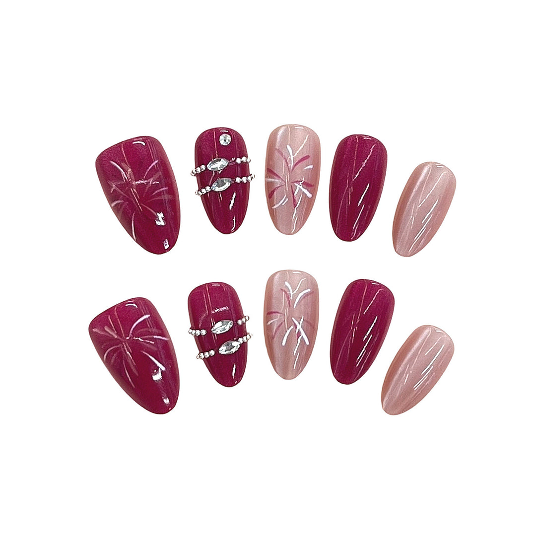 Artistic Press-On Nail Set with Floral Patterns and Gem Accents Bowlift