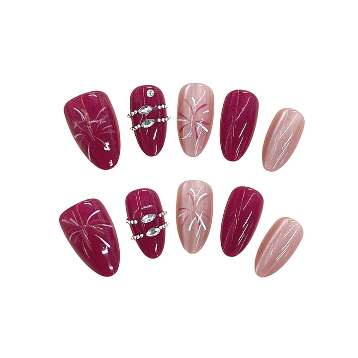 Artistic Press-On Nail Set with Floral Patterns and Gem Accents Bowlift