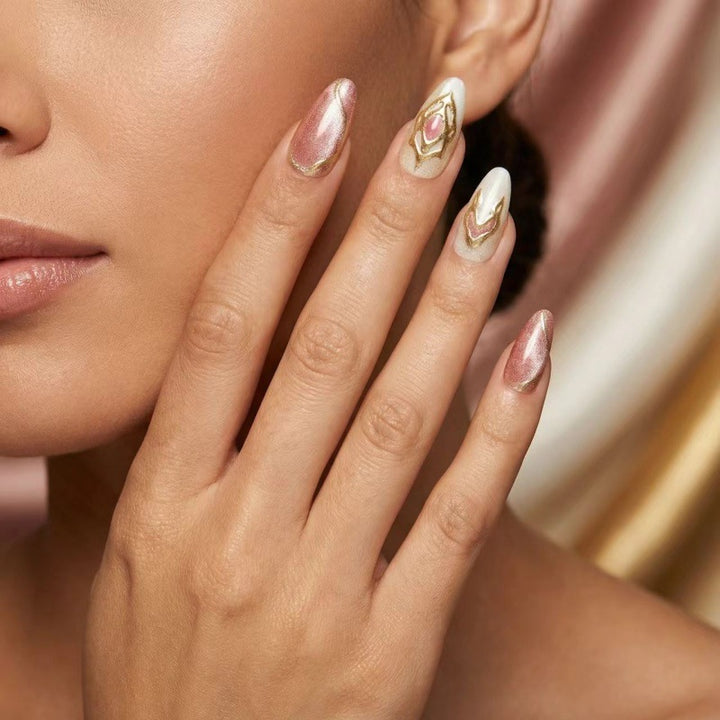 Artificial nails with floral gold accents and glossy finish Bowlift
