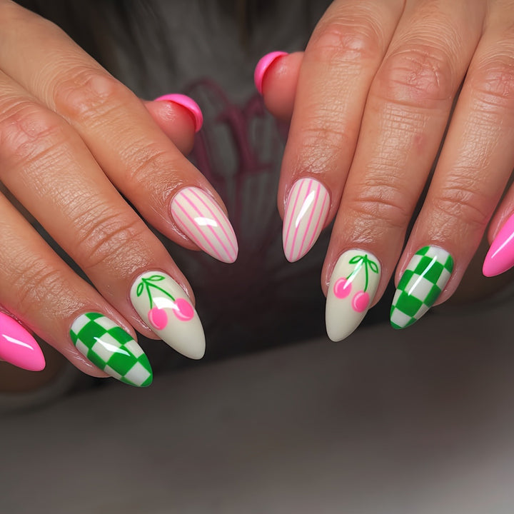 Artificial nails with fruity cherry design and striking colors Bowlift