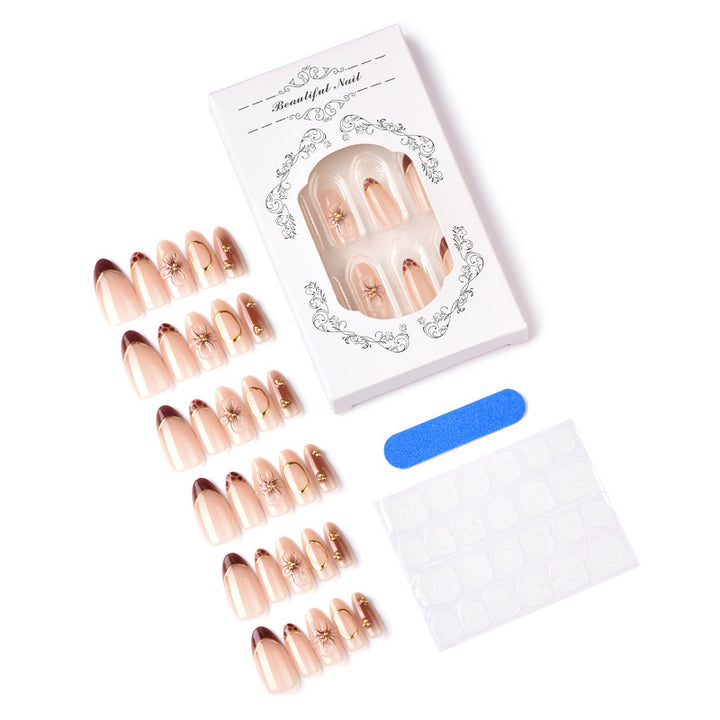 Artificial Nail Set with Floral and Elegant Gold Decorations Bowlift