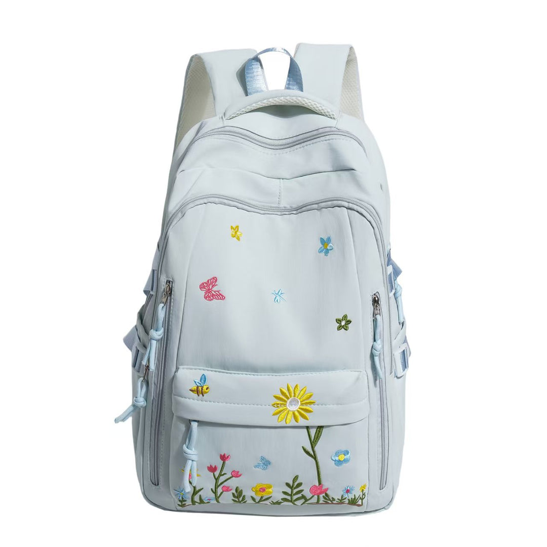 Backpack with Floral Embroidery Pattern and Practical Compartments Bowlift