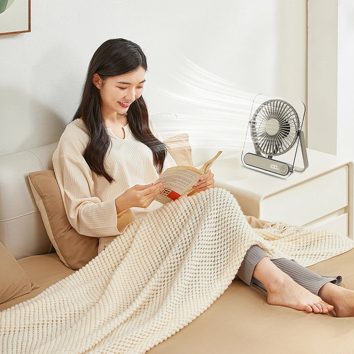 Cooling clear acrylic-framed rechargeable portable desk fan with digital battery percentage display and foldable handle Bowlift