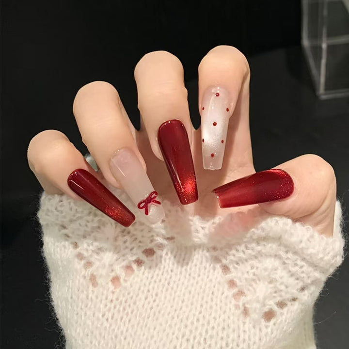 Creative Press-On Nail Set with Glitter and Bow Accents Bowlift