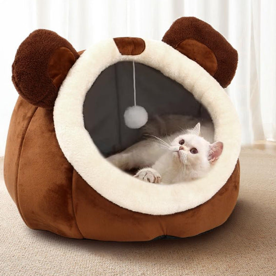 Plush Bear-Themed Cat Hideaway  Dog Bed