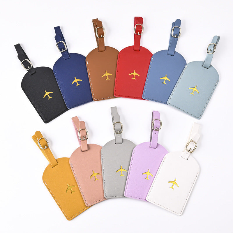 Premium Leather Luggage Tag with Adjustable Strap and Embroidered Airplane Icon Bowlift