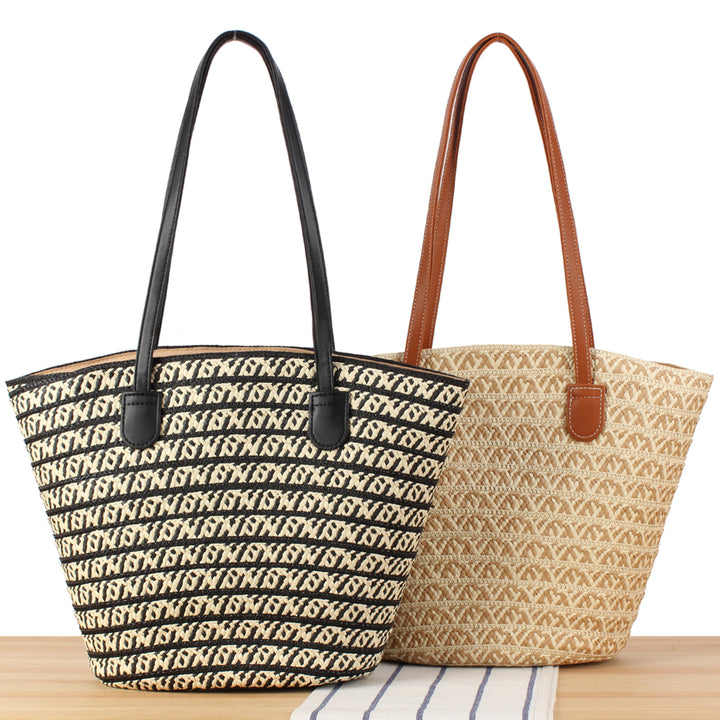 Designer straw bag with contrasting pattern and elegant leather handles Bowlift