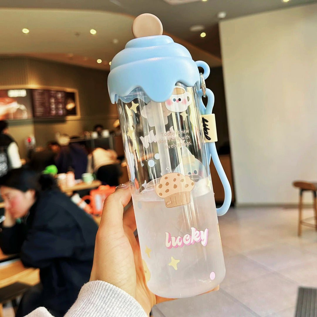 Kawaii Silicone-Topped Reusable Water Bottle with Carry Strap and Cute Dessert Print Bowlift