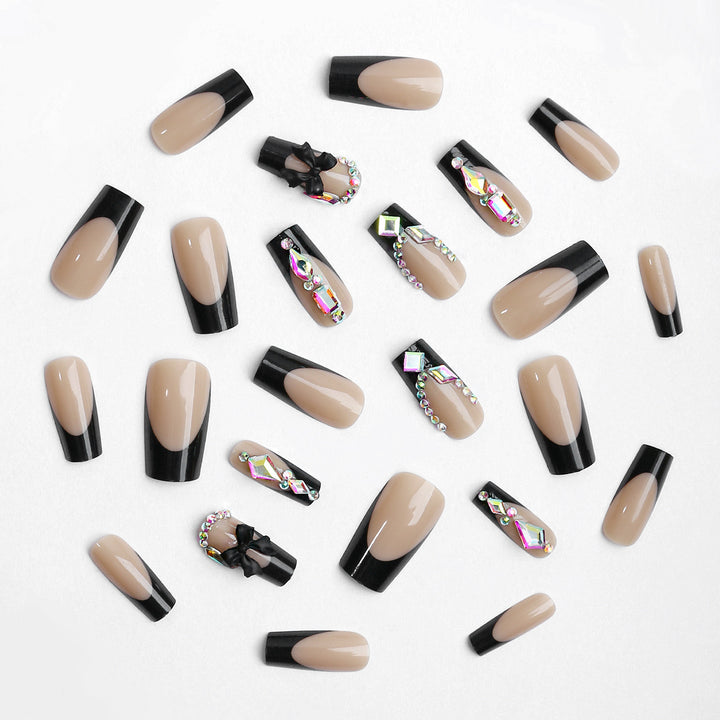 Glamorous artificial nail set with sparkling rhinestone and bow decorations Bowlift