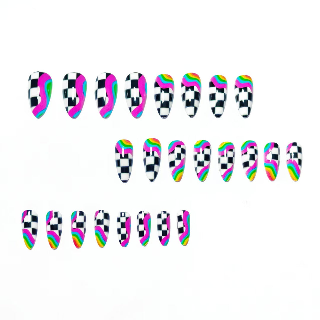 Creative artificial nails with colorful wave and checkerboard design Bowlift