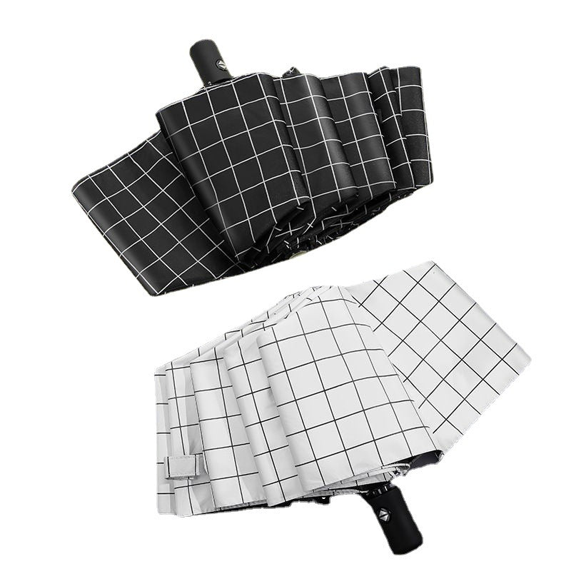 Compact Manual Eight-Rib Windproof Folding Umbrella with UV Protection and Grid Print Bowlift
