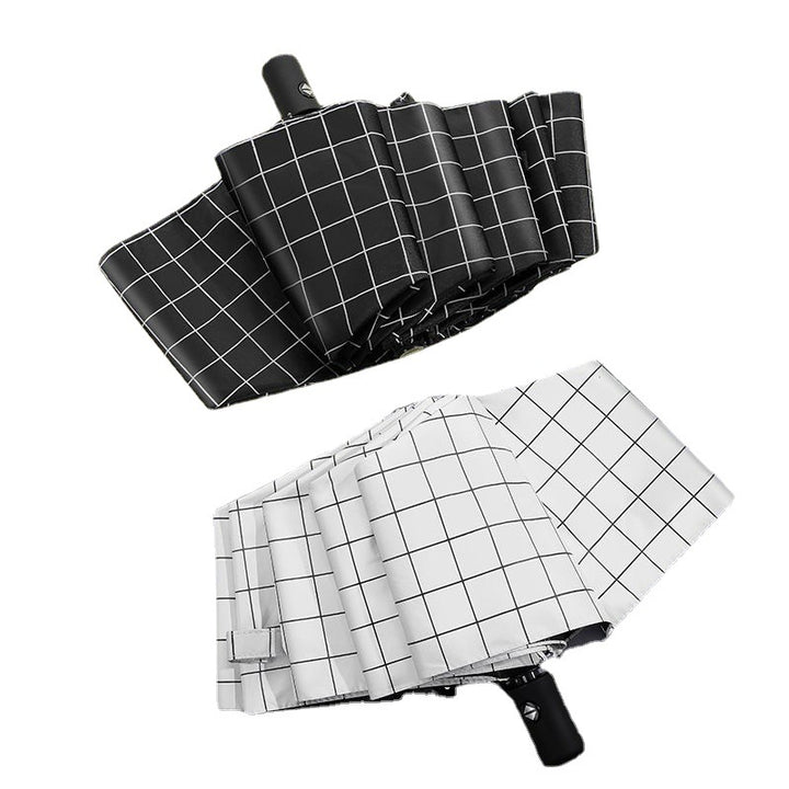 Compact Manual Eight-Rib Windproof Folding Umbrella with UV Protection and Grid Print Bowlift