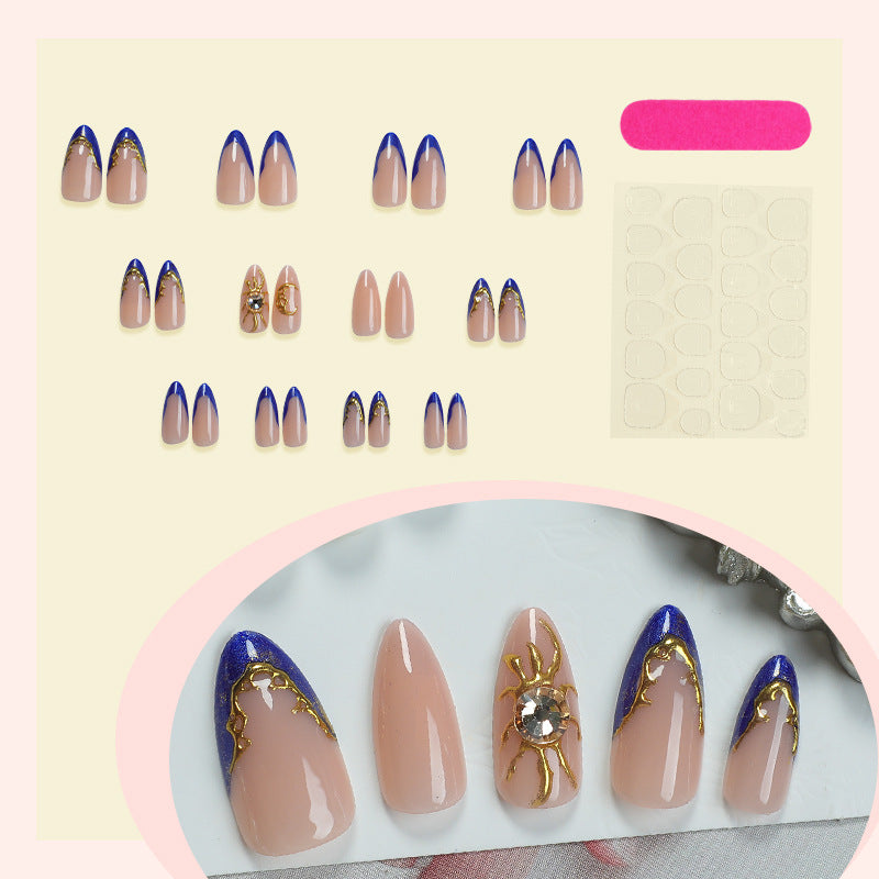 Premium Decorative Press-On Nail Set with Gold and Blue Accent Designs Bowlift