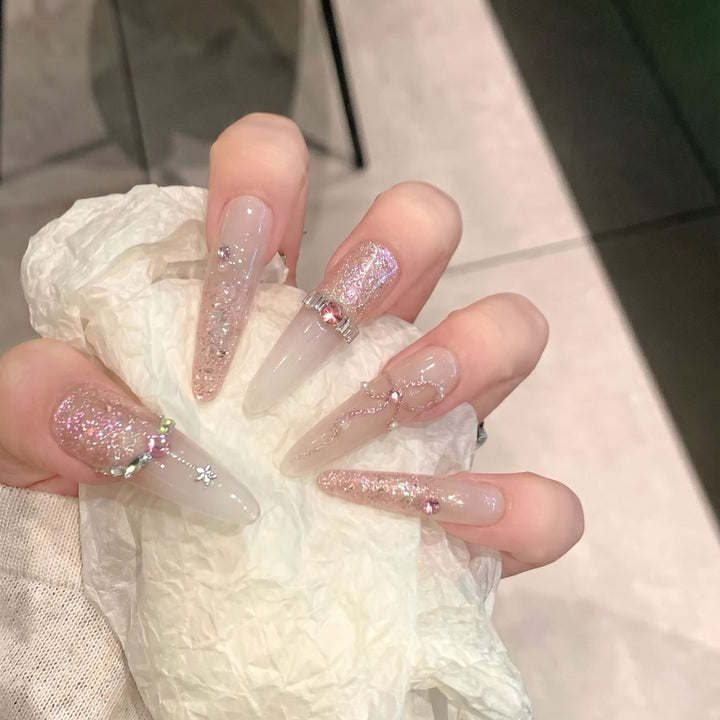 Glamorous Stiletto Press-On Nail Art Set with Sparkling Rhinestones Bowlift