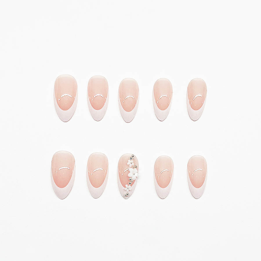 Acrylic Nail Set with Filigree Flower Decorations and Elegant French Design Bowlift