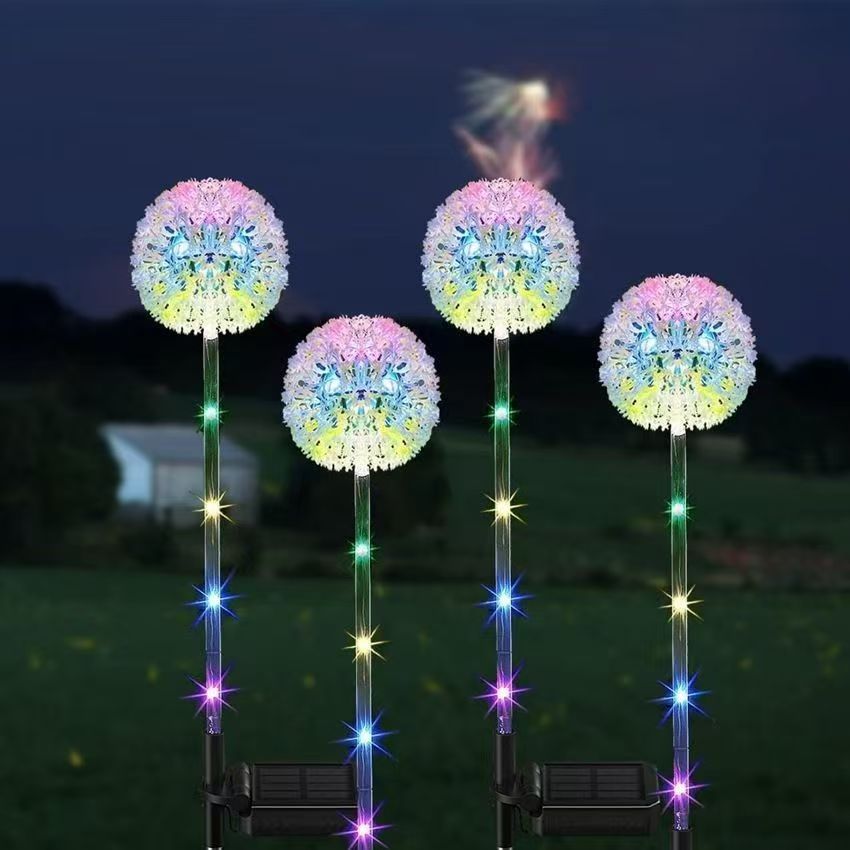 Dandelion-Inspired Solar Garden Stake Lights With Integrated Solar Panel And Dual Floral Globes Bowlift