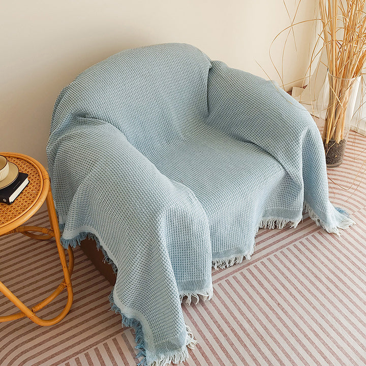 Waffle-Weave Fringed Throw Blanket Bowlift