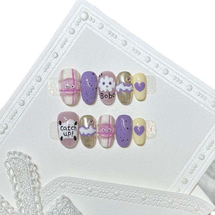 Playful Cartoon-Themed Press-On Nail Art Set Bowlift