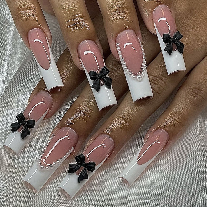 Elegant Press-On Nail Art Set with Pearl and Bow Accents Bowlift