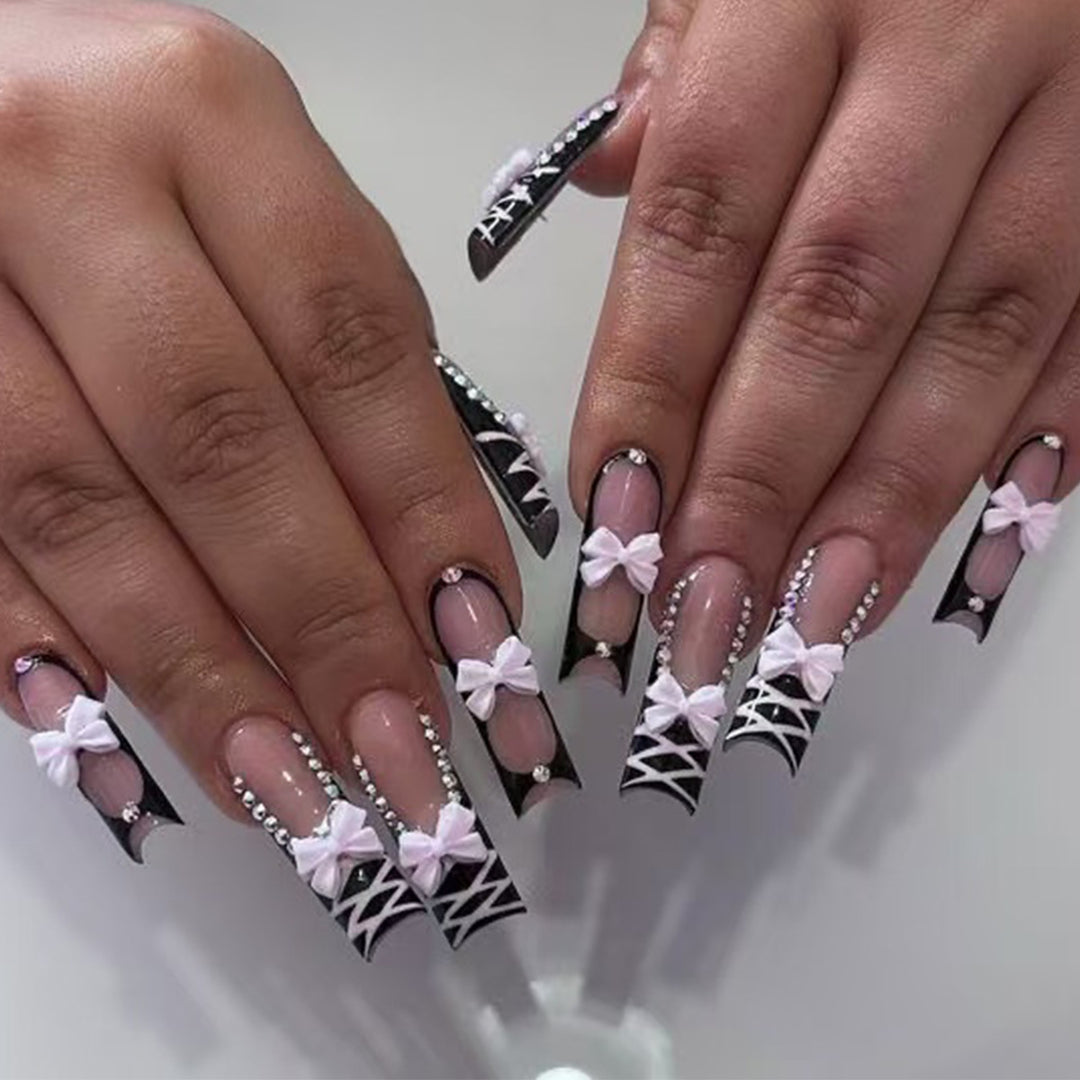 Stiletto Press-On Nail Set with Decorative Bow and Gem Accents Bowlift