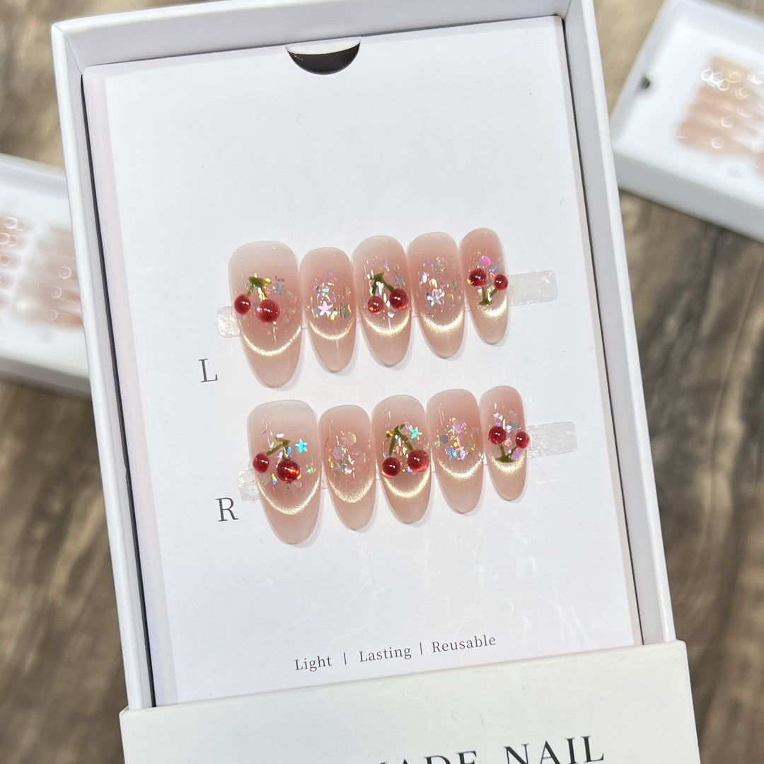 Handmade Cherry-Embossed Press-On Nail Set Bowlift