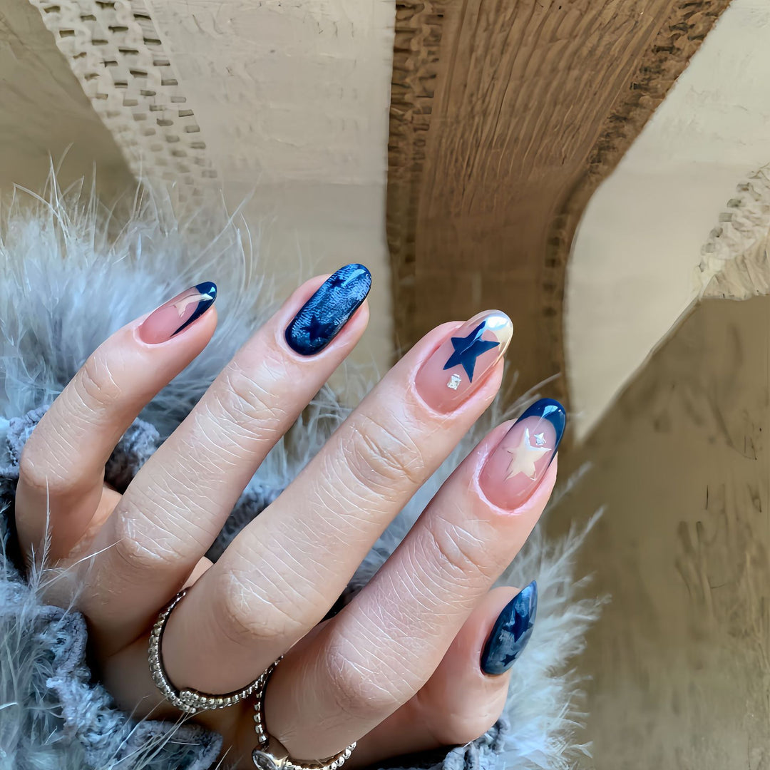 Creative Nail Art Set with Star and Denim Design Bowlift