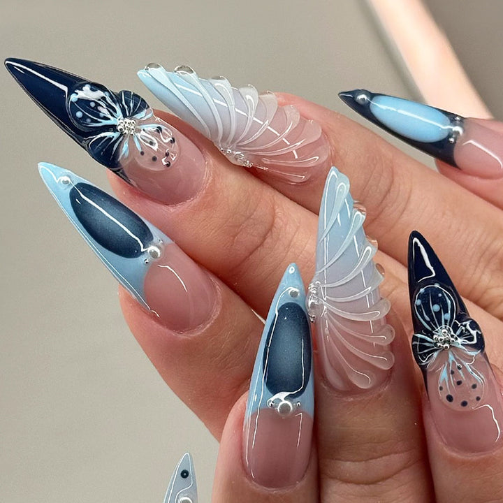 Decorative Press-On Nail Art Set with Elegant Ombre and Floral Designs Bowlift