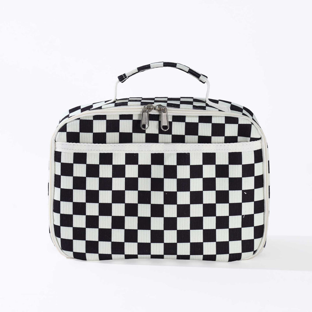 Insulated Checkerboard Lunch Tote with Top Handle and Front Zip Pocket Bowlift