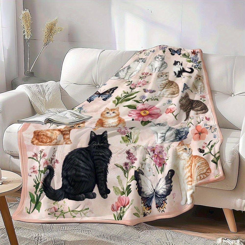 Floral Cat Print Fleece Blanket
