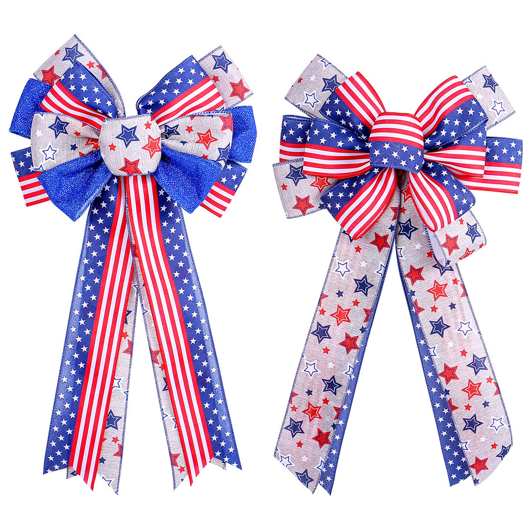 Unisex nan patriotic USA star and stripe ribbon bow set with wired tails and clip attachment Bowlift