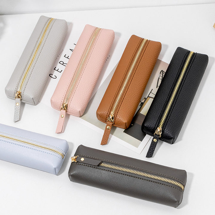 Genuine Pebbled Leather Slim Pen Case with Gold Zipper Bowlift