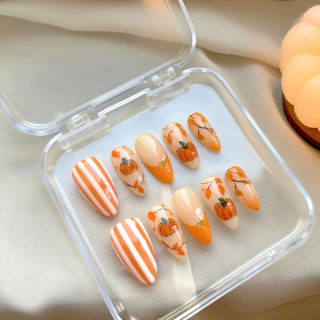 Seasonal Pumpkin-Themed Press-On Nail Art Set Bowlift