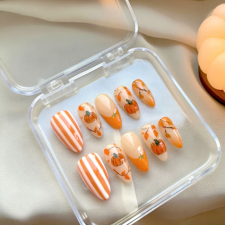 Seasonal Pumpkin-Themed Press-On Nail Art Set Bowlift