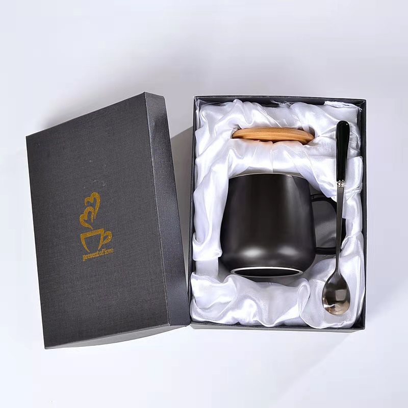 Matte Ceramic Insulated Coffee Mug Gift Set with Wooden Lid and Stainless Spoon Bowlift