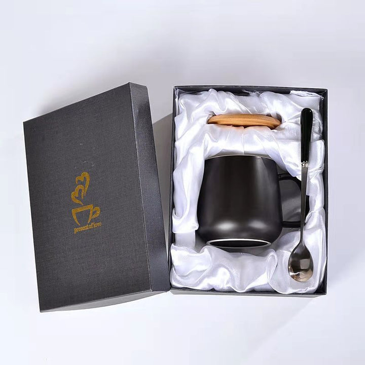 Matte Ceramic Insulated Coffee Mug Gift Set with Wooden Lid and Stainless Spoon Bowlift