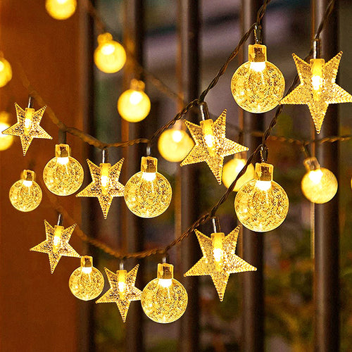 Decorative Warm LED Star And Crackle-Globe String Lights With Waterproof Power Pack Bowlift
