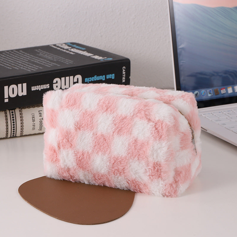 Faux Fur Checkered Zipper Makeup Organizer Pouch Bowlift