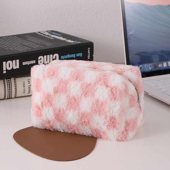 Faux Fur Checkered Zipper Makeup Organizer Pouch Bowlift